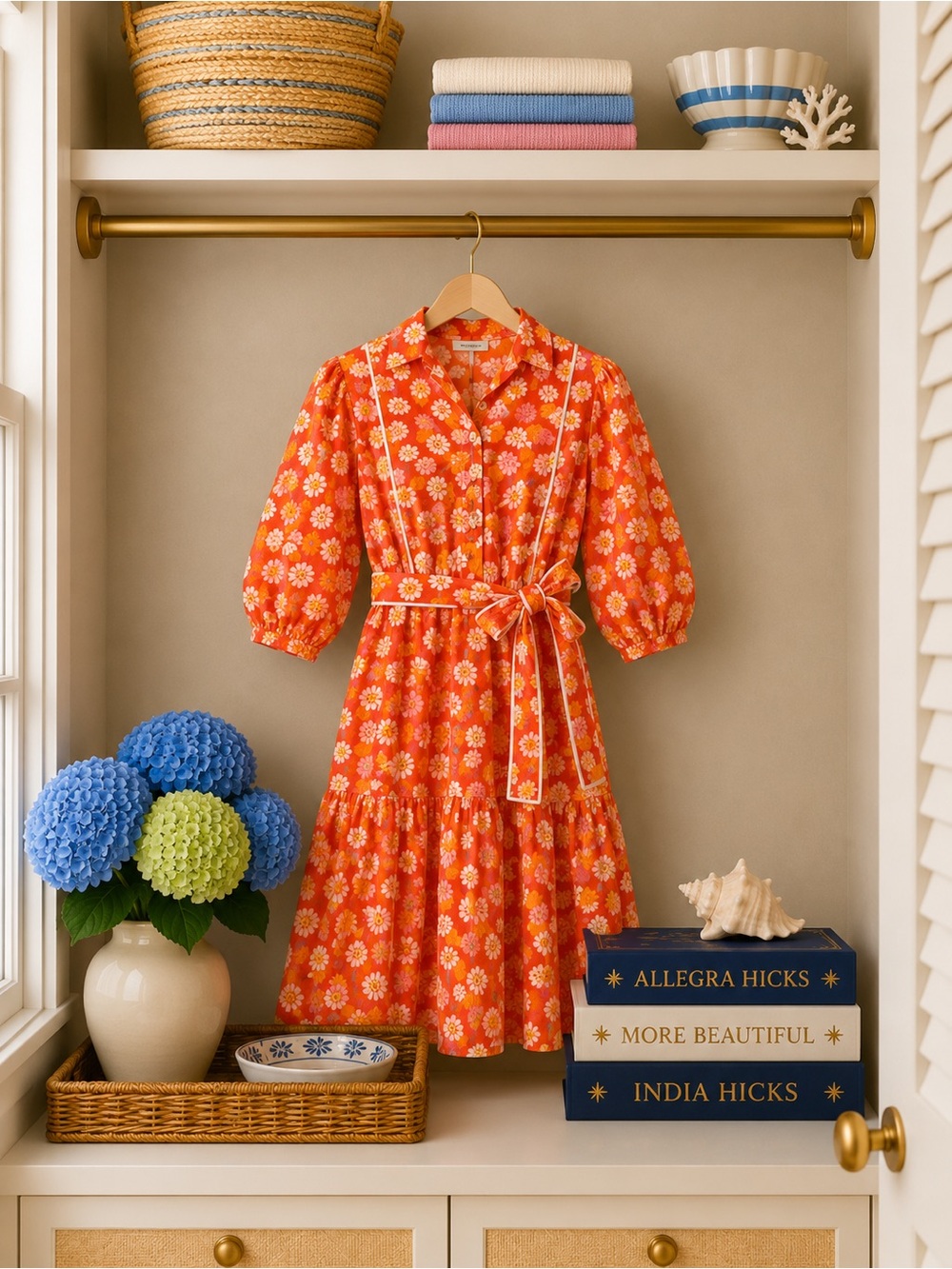 Victoria Dunn Orange Floral Midi Dress with White Daisy Print
